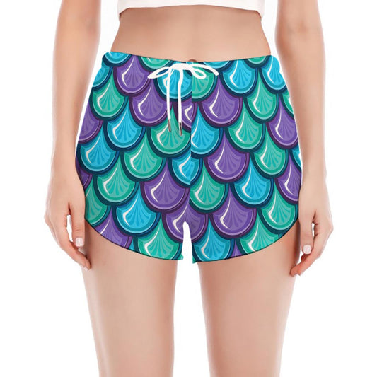 Teal Mermaid Scales Pattern Print Women's Split Running Shorts