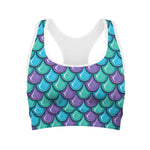 Teal Mermaid Scales Pattern Print Women's Sports Bra