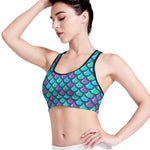 Teal Mermaid Scales Pattern Print Women's Sports Bra