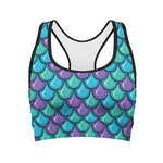 Teal Mermaid Scales Pattern Print Women's Sports Bra