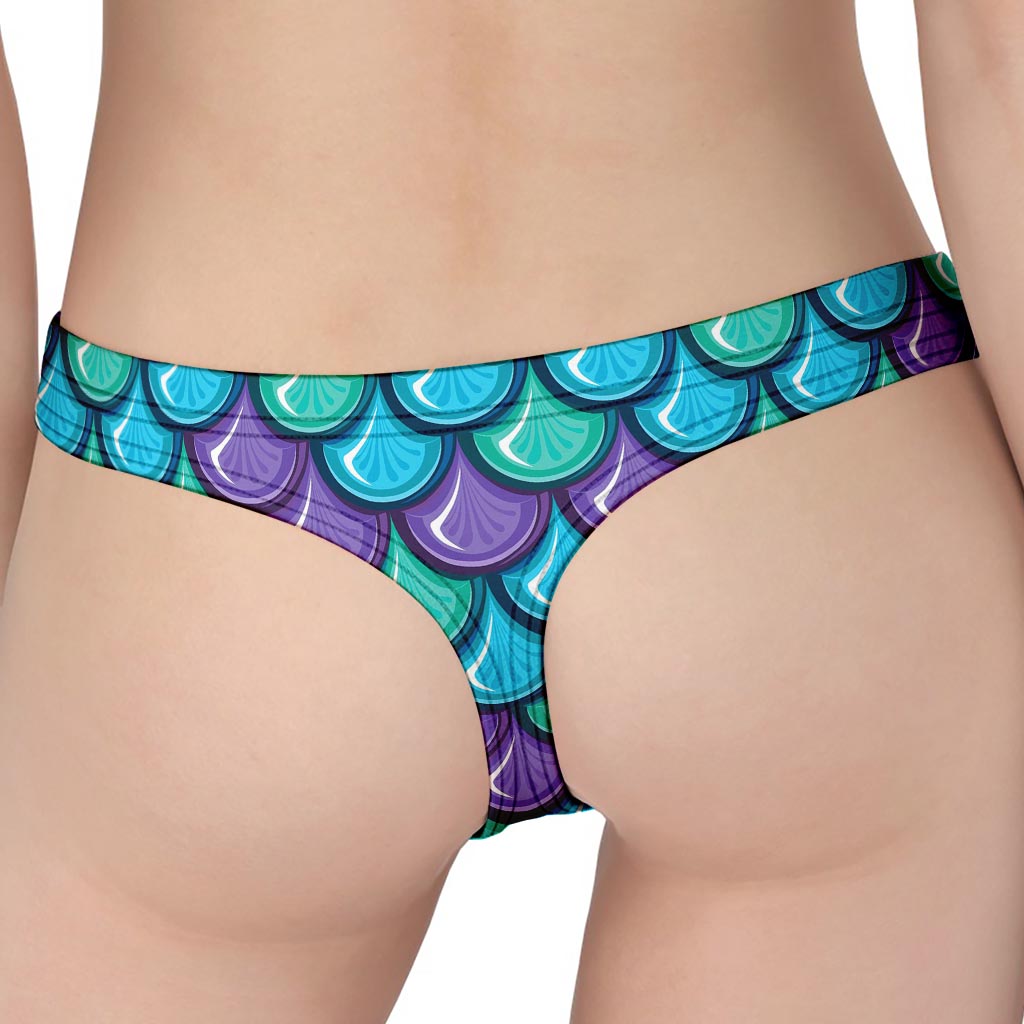 Teal Mermaid Scales Pattern Print Women's Thong