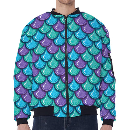 Teal Mermaid Scales Pattern Print Zip Sleeve Bomber Jacket