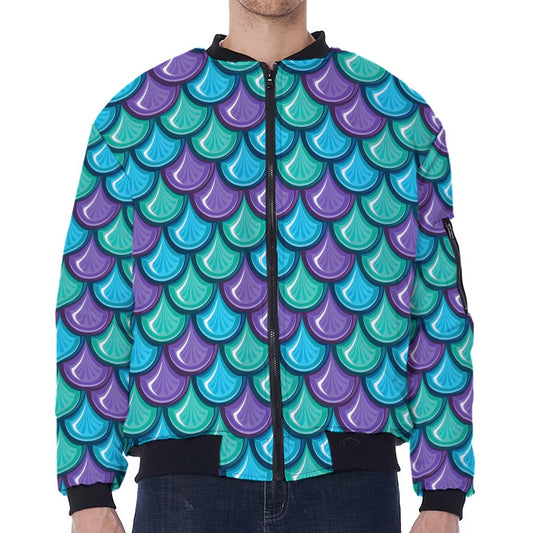Teal Mermaid Scales Pattern Print Zip Sleeve Bomber Jacket