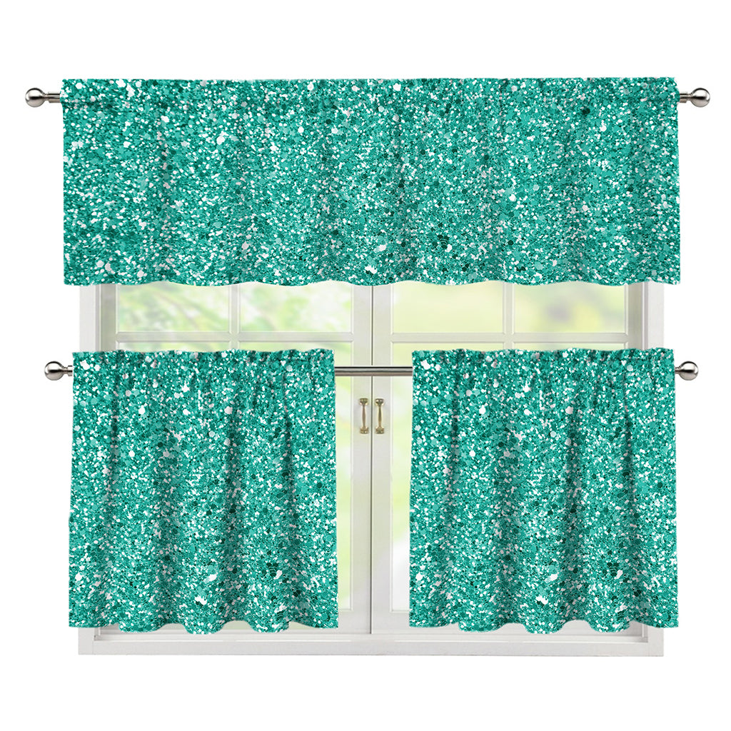 Teal (NOT Real) Glitter Print 3 Piece Kitchen Curtains