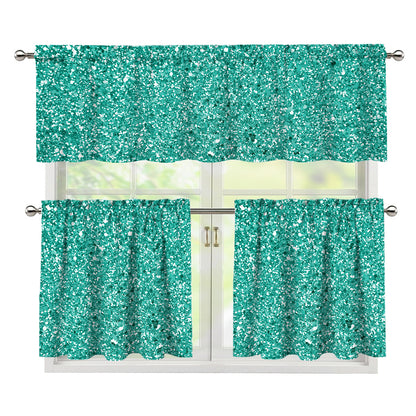 Teal (NOT Real) Glitter Print 3 Piece Kitchen Curtains