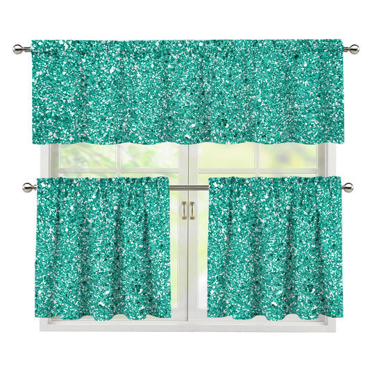 Teal (NOT Real) Glitter Print 3 Piece Kitchen Curtains