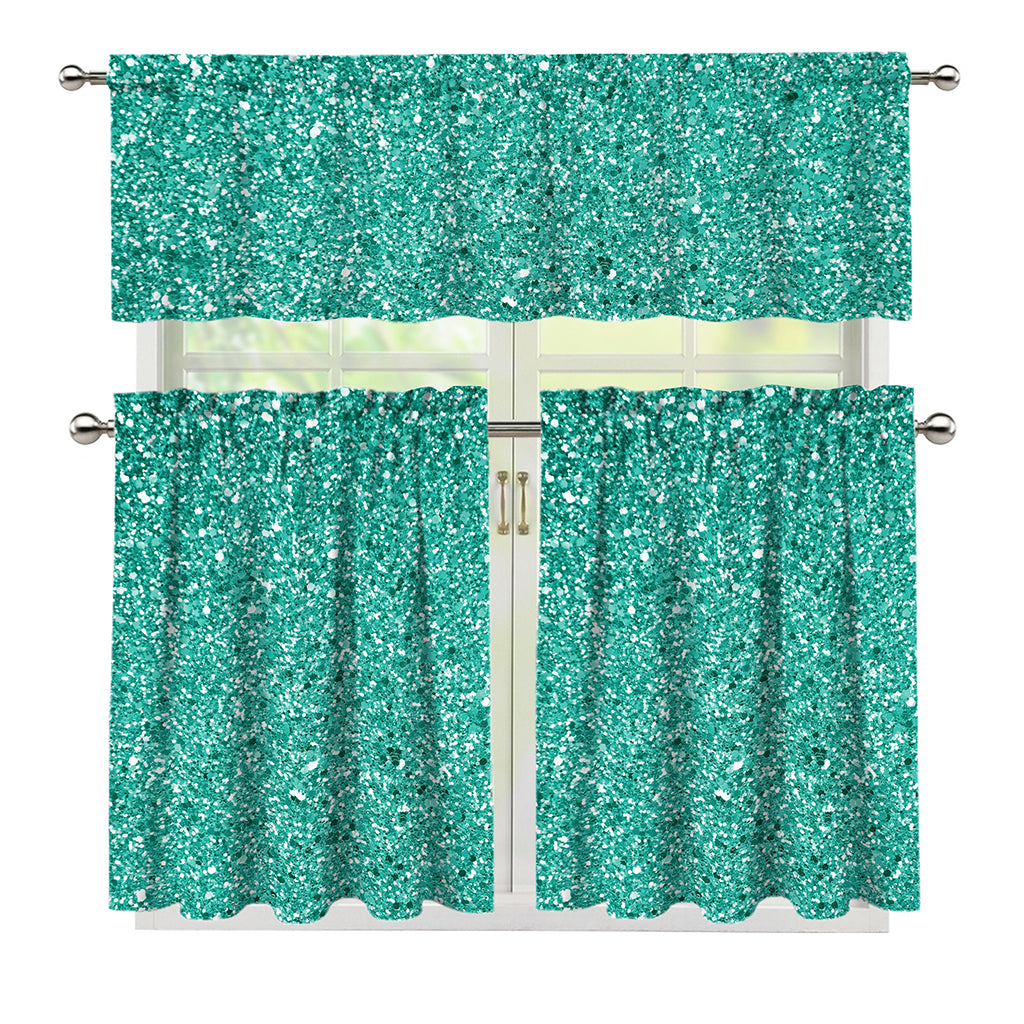 Teal (NOT Real) Glitter Print 3 Piece Kitchen Curtains