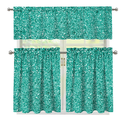 Teal (NOT Real) Glitter Print 3 Piece Kitchen Curtains