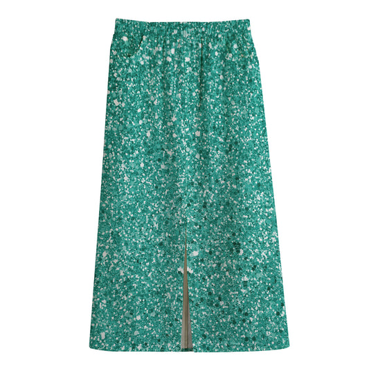 Teal (NOT Real) Glitter Print Cotton Front Slit Maxi Skirt
