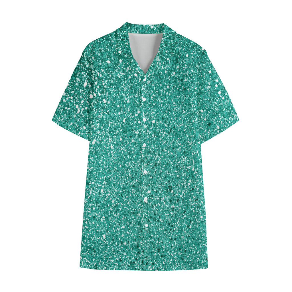 Teal (NOT Real) Glitter Print Cotton Hawaiian Shirt