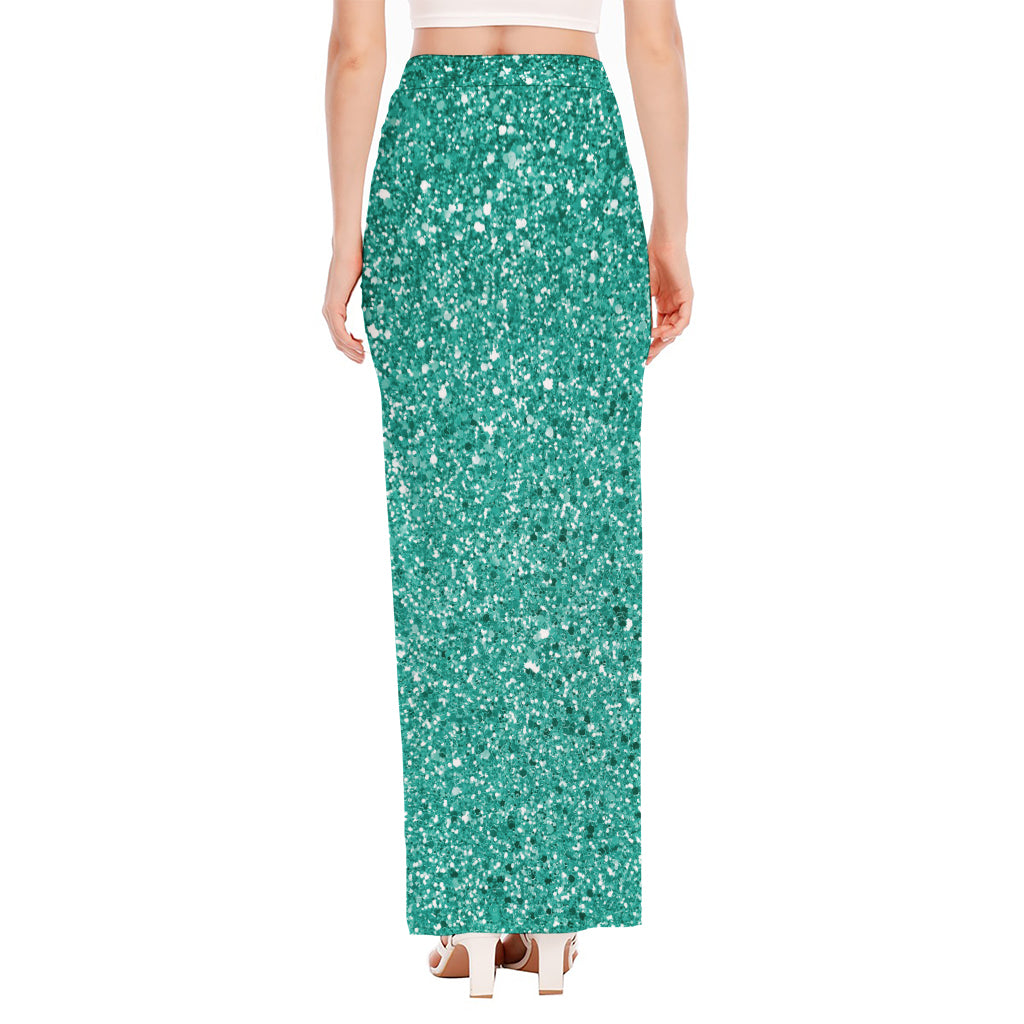 Teal (NOT Real) Glitter Print High Slit Maxi Skirt