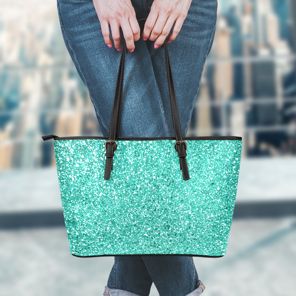 Teal (NOT Real) Glitter Print Leather Tote Bag