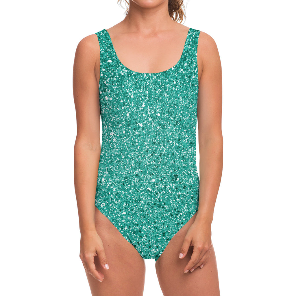 Teal (NOT Real) Glitter Print One Piece Swimsuit