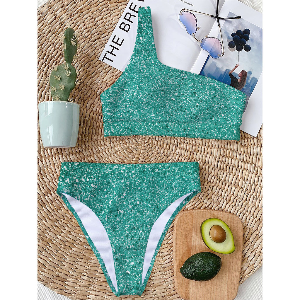 Teal (NOT Real) Glitter Print One Shoulder Bikini Top