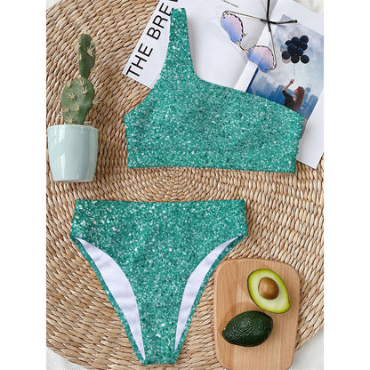 Teal (NOT Real) Glitter Print One Shoulder Bikini Top