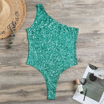 Teal (NOT Real) Glitter Print One Shoulder Bodysuit
