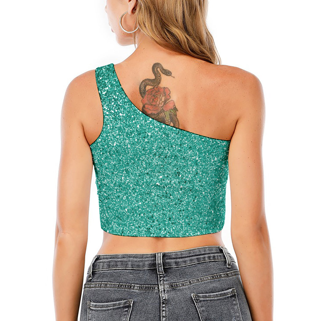 Teal (NOT Real) Glitter Print One Shoulder Crop Top