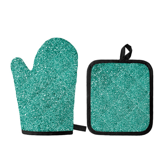 Teal (NOT Real) Glitter Print Oven Mitt And Pot Holder Set