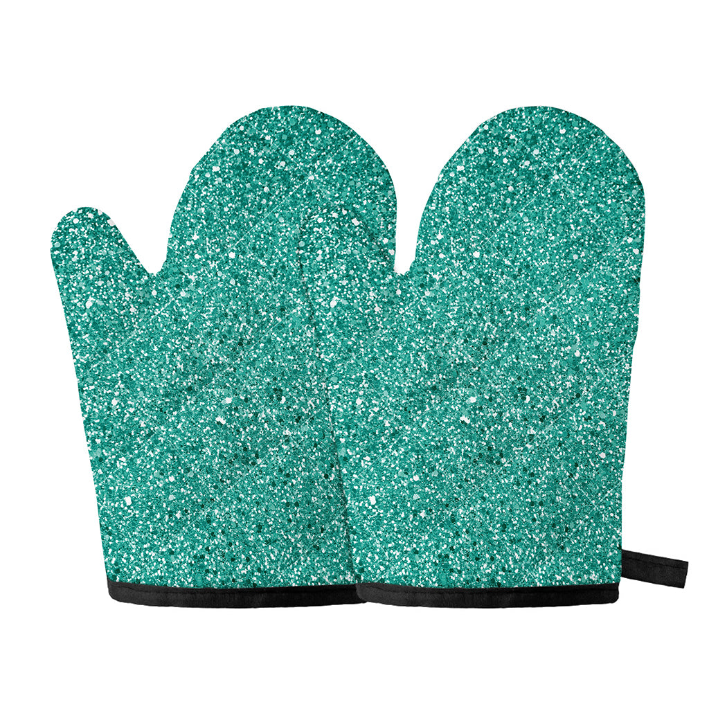 Teal (NOT Real) Glitter Print Oven Mitts