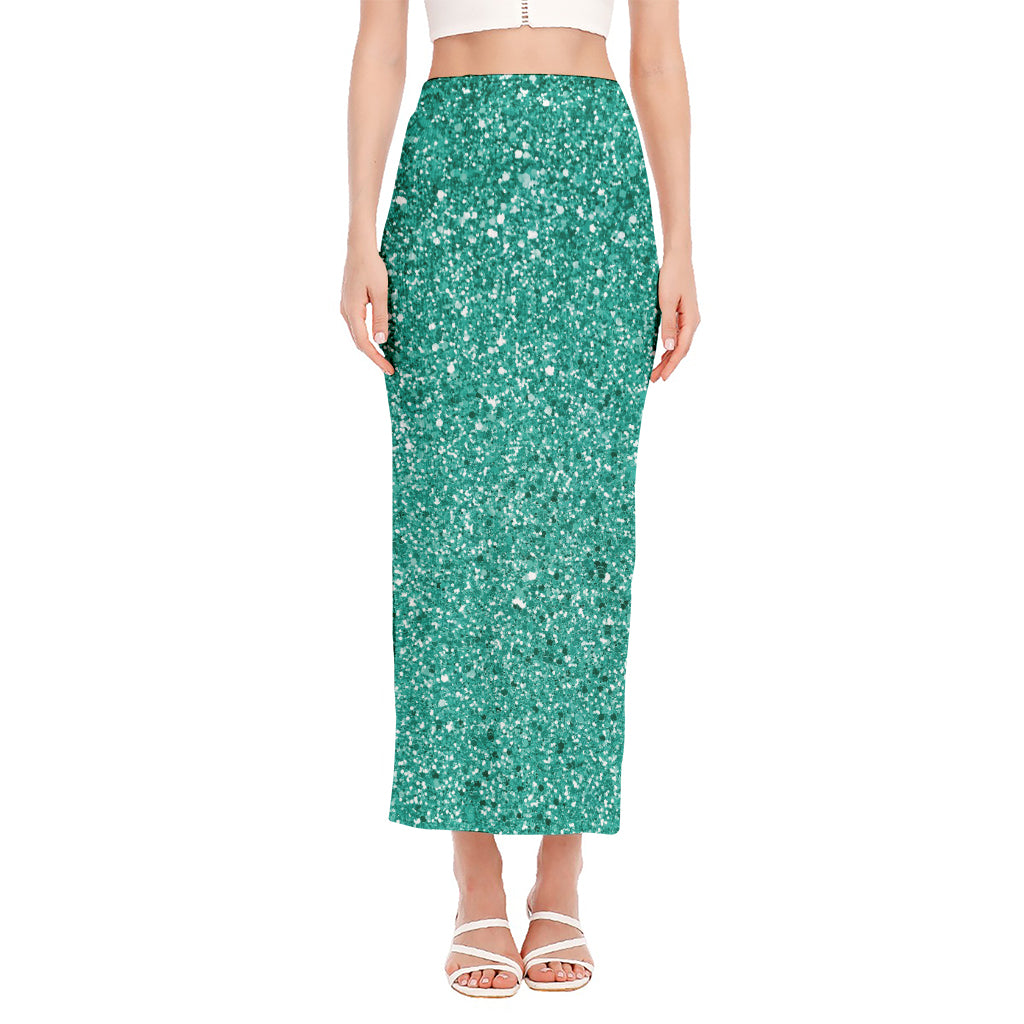 Teal (NOT Real) Glitter Print Side Slit Maxi Skirt