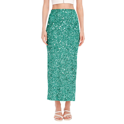Teal (NOT Real) Glitter Print Side Slit Maxi Skirt