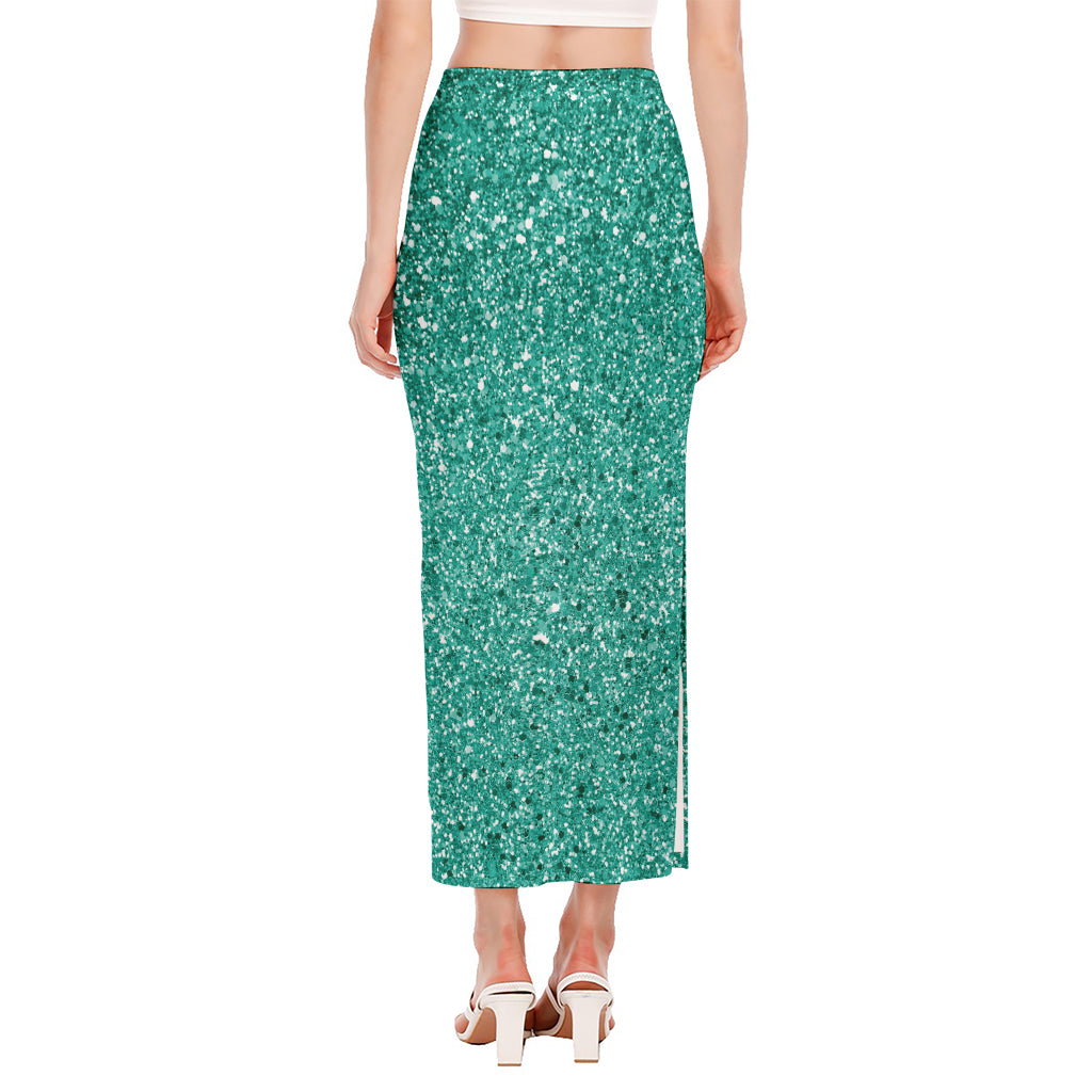 Teal (NOT Real) Glitter Print Side Slit Maxi Skirt