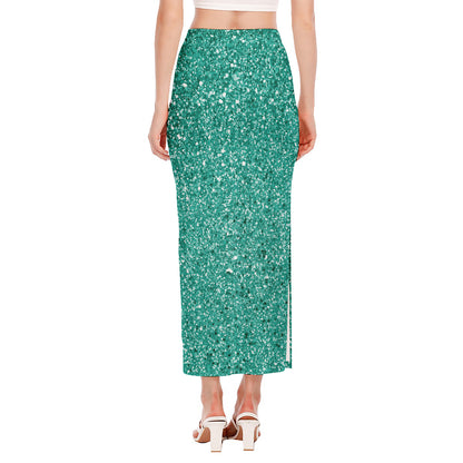 Teal (NOT Real) Glitter Print Side Slit Maxi Skirt