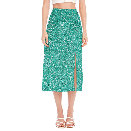 Teal (NOT Real) Glitter Print Side Slit Midi Skirt