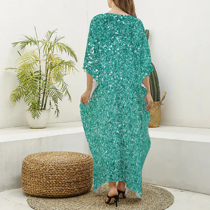 Teal (NOT Real) Glitter Print Silk V-Neck Kaftan Dress