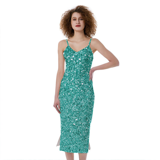 Teal (NOT Real) Glitter Print Slim Fit Midi Cami Dress