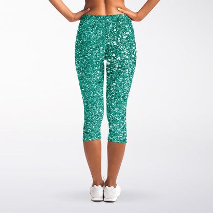 Teal (NOT Real) Glitter Print Women's Capri Leggings