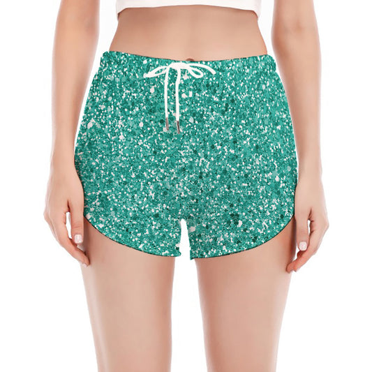 Teal (NOT Real) Glitter Print Women's Split Running Shorts