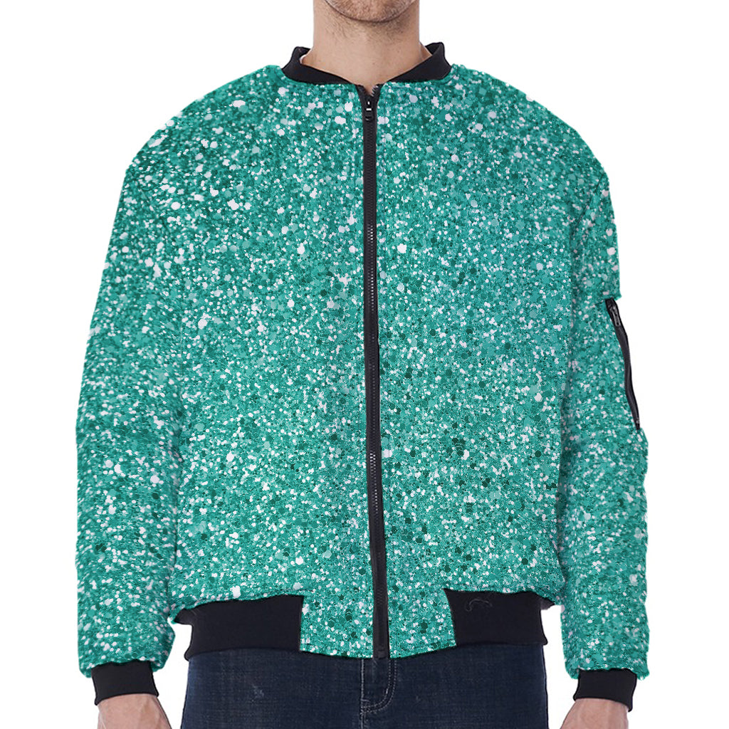 Teal (NOT Real) Glitter Print Zip Sleeve Bomber Jacket