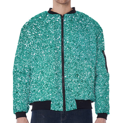 Teal (NOT Real) Glitter Print Zip Sleeve Bomber Jacket