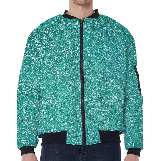 Teal (NOT Real) Glitter Print Zip Sleeve Bomber Jacket