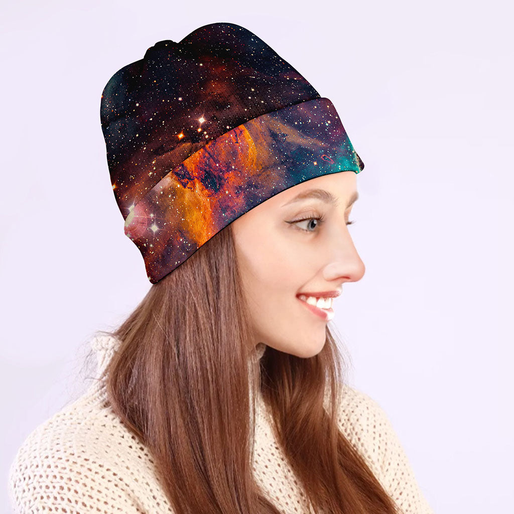 Teal Orange Universe Galaxy Space Print Beanie