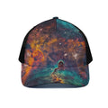 Teal Orange Universe Galaxy Space Print Black Mesh Trucker Hat