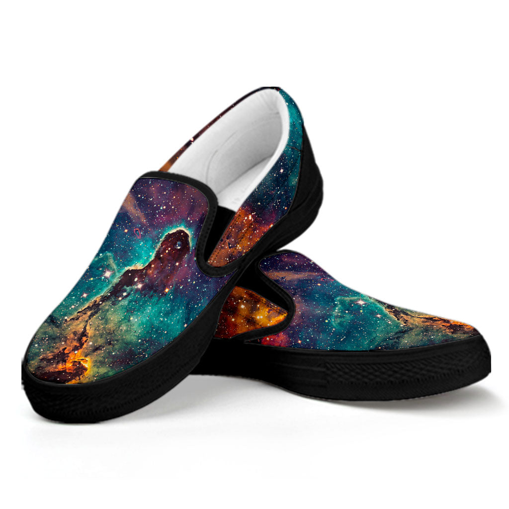 Teal Orange Universe Galaxy Space Print Black Slip On Sneakers