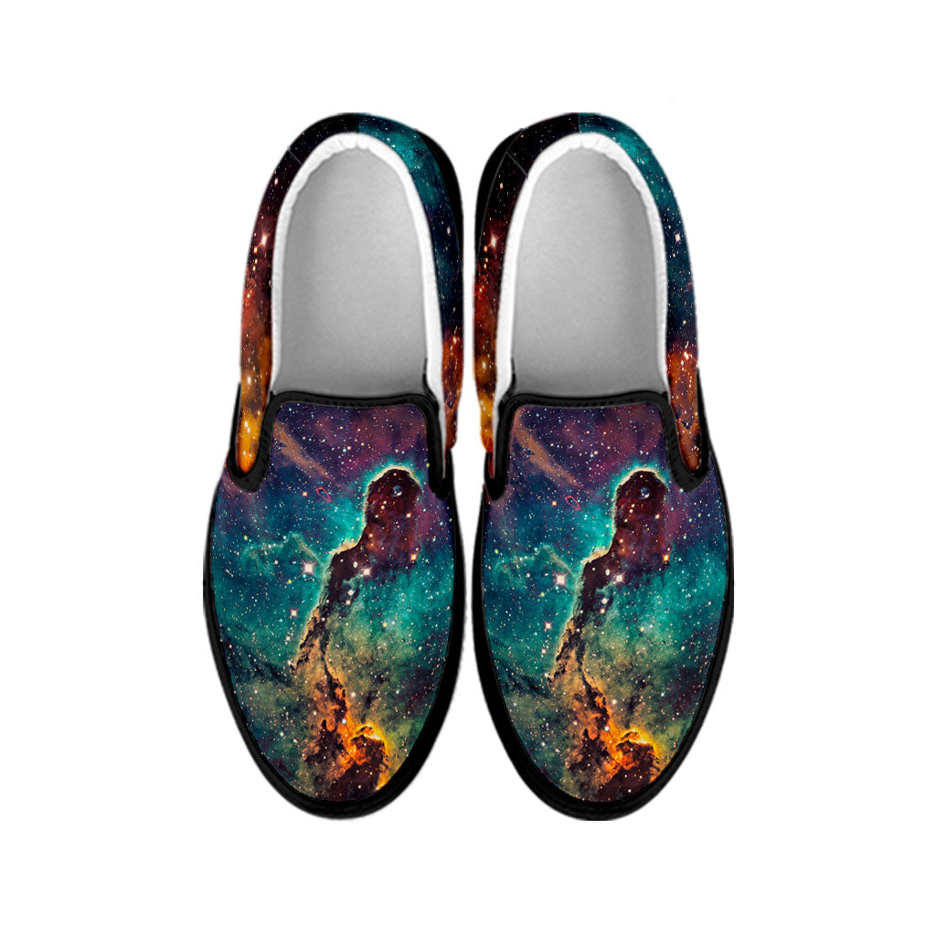 Teal Orange Universe Galaxy Space Print Black Slip On Sneakers