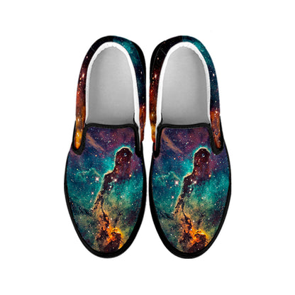 Teal Orange Universe Galaxy Space Print Black Slip On Sneakers