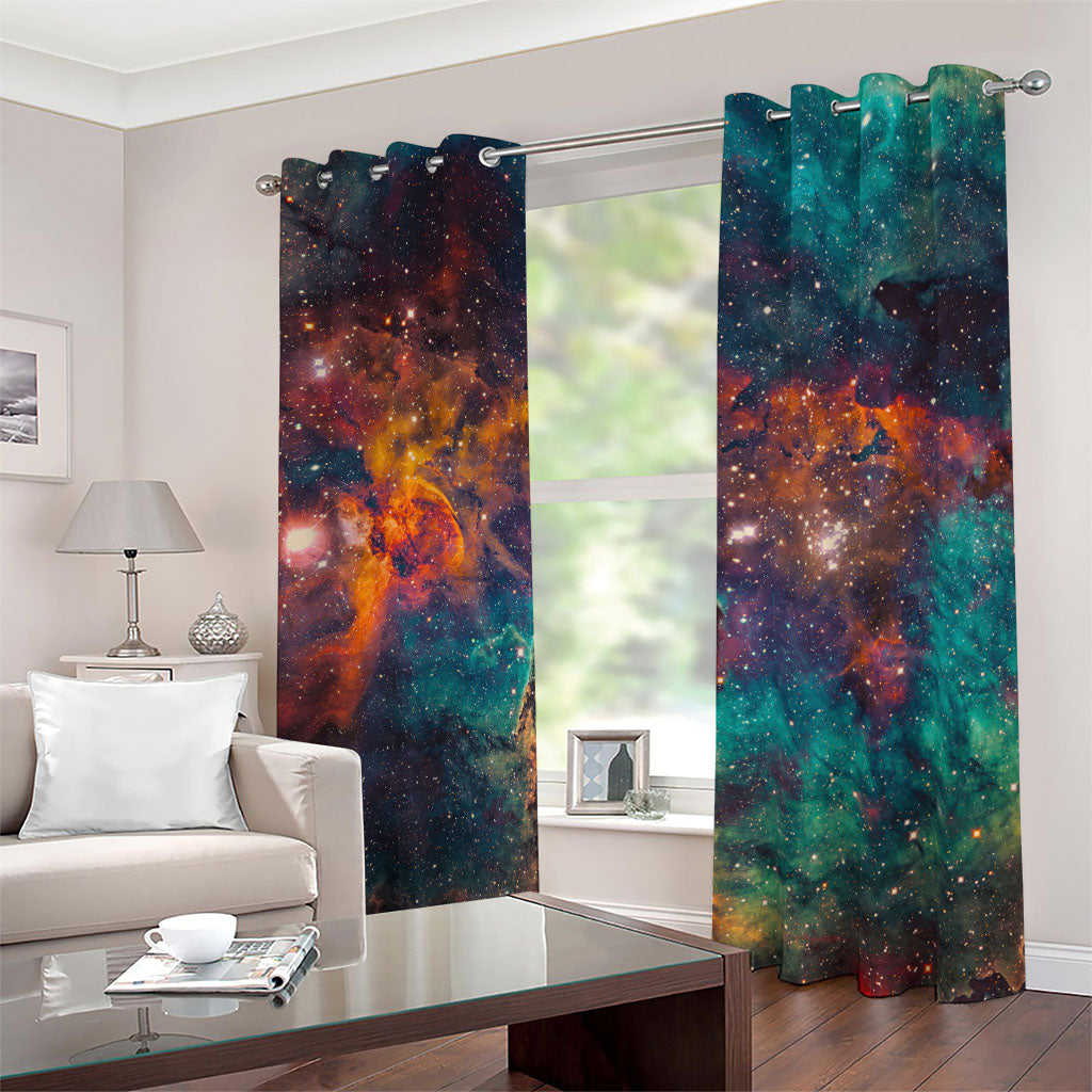 Teal Orange Universe Galaxy Space Print Blackout Grommet Curtains