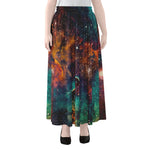Teal Orange Universe Galaxy Space Print Chiffon Maxi Skirt