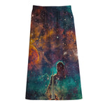 Teal Orange Universe Galaxy Space Print Cotton Front Slit Maxi Skirt