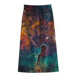 Teal Orange Universe Galaxy Space Print Cotton Front Slit Maxi Skirt