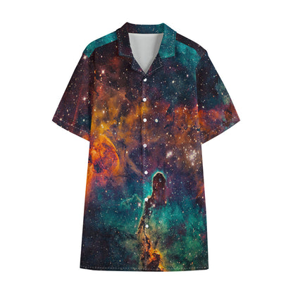 Teal Orange Universe Galaxy Space Print Cotton Hawaiian Shirt