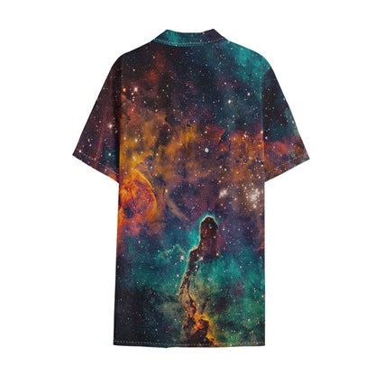 Teal Orange Universe Galaxy Space Print Cotton Hawaiian Shirt