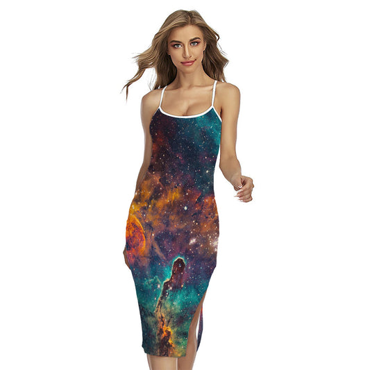 Teal Orange Universe Galaxy Space Print Cross Back Cami Dress