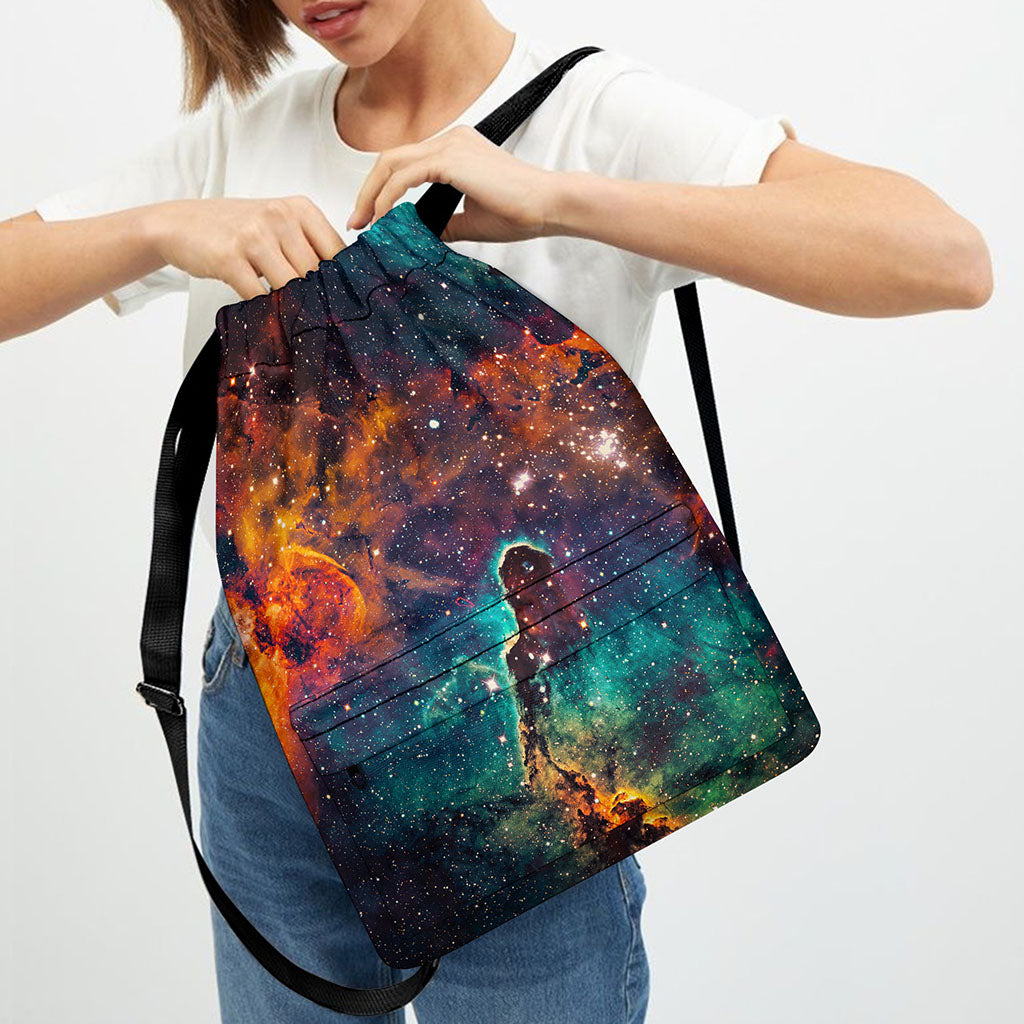 Teal Orange Universe Galaxy Space Print Drawstring Backpack
