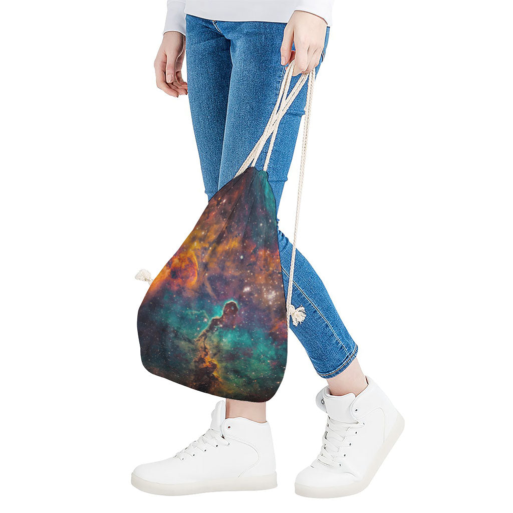 Teal Orange Universe Galaxy Space Print Drawstring Bag