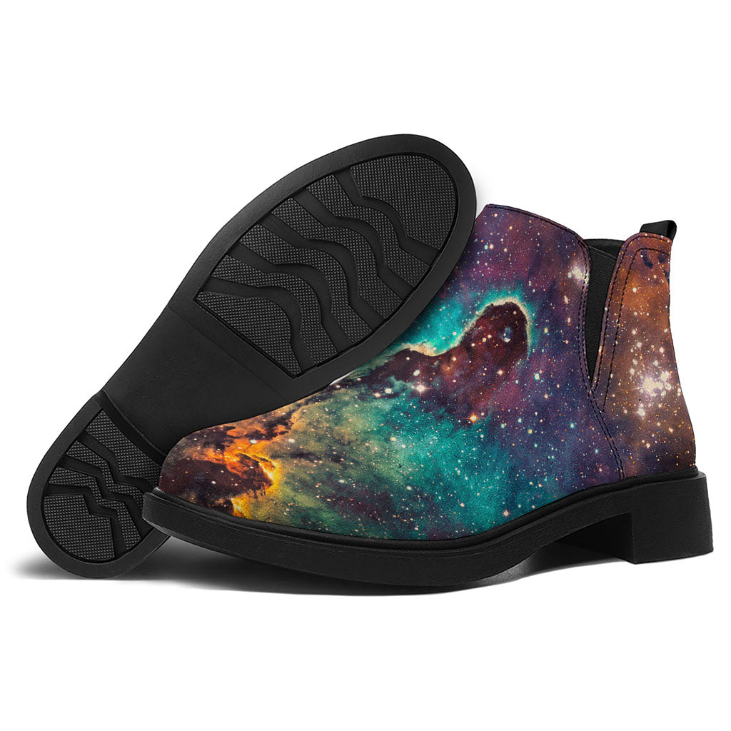 Teal Orange Universe Galaxy Space Print Flat Ankle Boots
